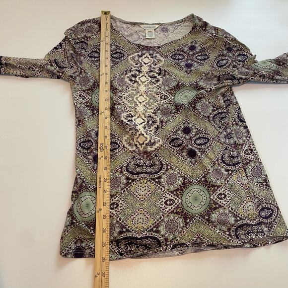 Sundance Size S Green Purple Long Sleeve Top Sweater Cuffs Embroidered Front - Picture 5 of 5